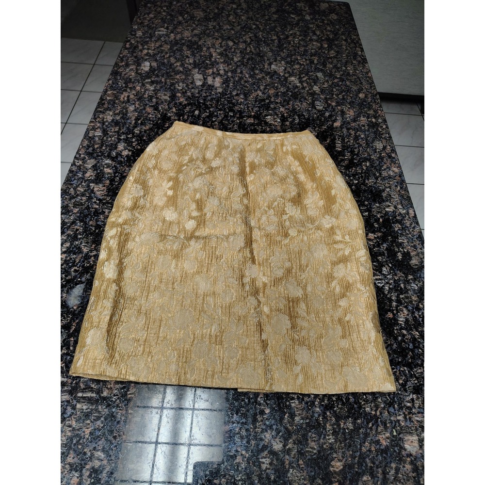 Dana Buchman Gold Floral Jacquard Linen Blend Pencil Skirt Size 2